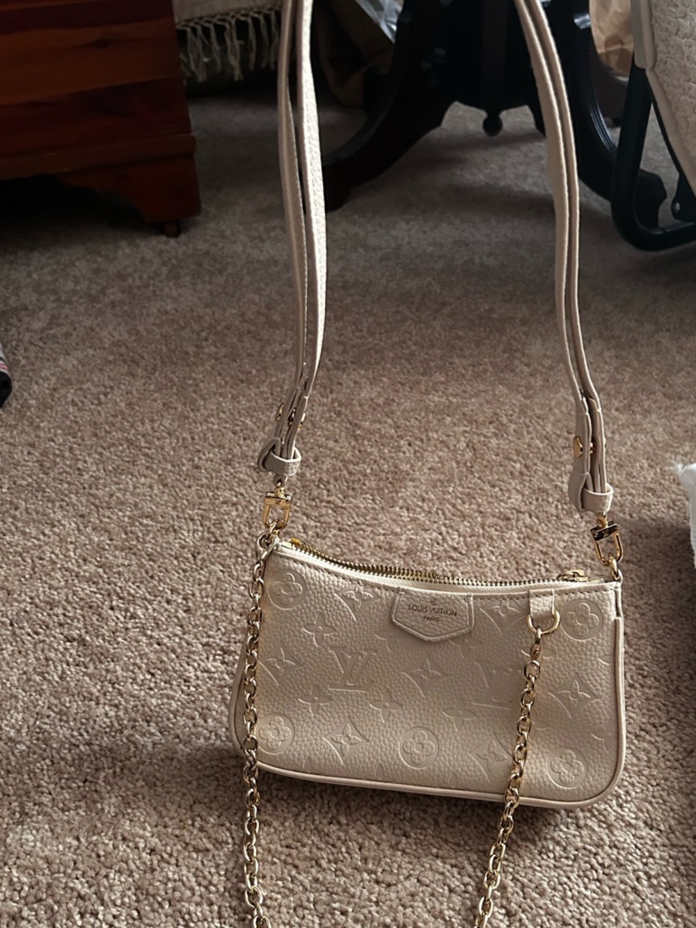 Beige Monogram Shoulder Bag with Gold Chain